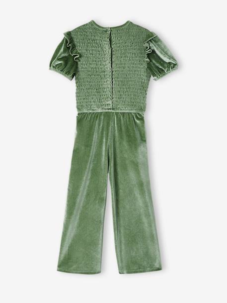 Jumpsuit with Smocking & Glittery Velour for Girls sage green - vertbaudet enfant 