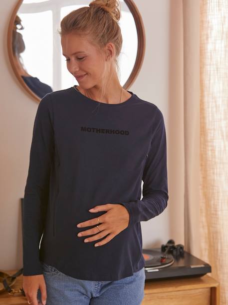 Top with Message in Organic Cotton, Maternity & Nursing BLUE DARK SOLID WITH DESIGN - vertbaudet enfant 