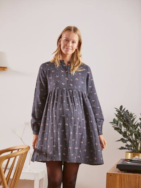Dress in Printed Cotton Gauze, Maternity & Nursing Special - grey dark all  over printed, Maternity