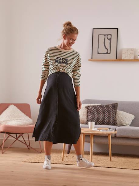 Long Skirt in Cotton Gauze for Maternity BLACK DARK SOLID - vertbaudet enfant 