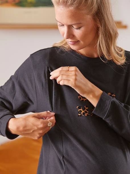 Fleece Sweatshirt with Message, Maternity & Nursing Special BLACK DARK SOLID WITH DESIGN - vertbaudet enfant 
