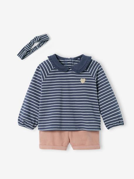 3-Piece Combo: Corduroy Shorts, Top & Hairband, for Babies BLUE DARK STRIPED - vertbaudet enfant 