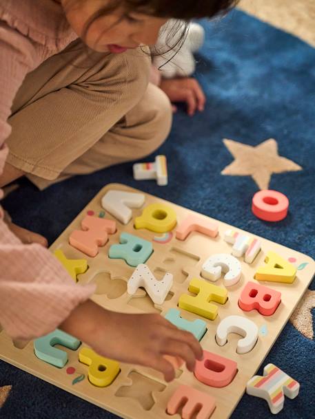 Wooden Alphabet Puzzle Board - FSC® Certified Wood Multi+PINK LIGHT SOLID WITH DESIGN - vertbaudet enfant 