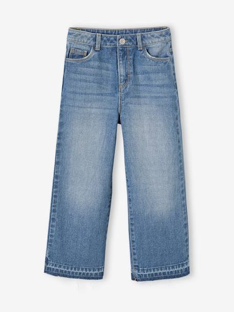 Wide High Waist Jeans with Frayed Hems for Girls BLUE MEDIUM SOLID WITH DESIGN - vertbaudet enfant 