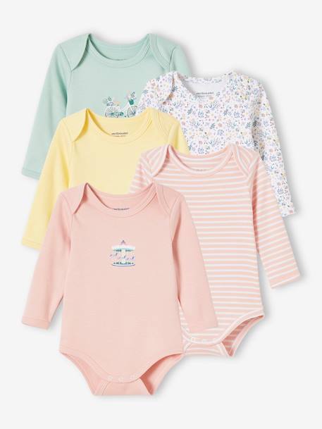Pack of 5 Long Sleeve Bodysuits with Cutaway Shoulders, for Babies PINK LIGHT 2 COLOR/MULTICOL R - vertbaudet enfant 