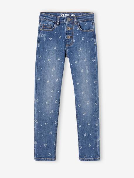 Straight Leg Jeans with Distressed Details for Girls BLUE MEDIUM WASCHED+Grey Denim - vertbaudet enfant 