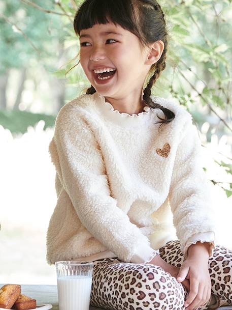 Sherpa Sweatshirt with Fancy Trims for Girls BEIGE MEDIUM SOLID WITH DECOR+caramel - vertbaudet enfant 