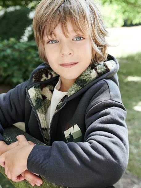 Zipped Jacket, Camouflage Sherpa Lining, for Boys GREY DARK SOLID WITH DESIGN - vertbaudet enfant 