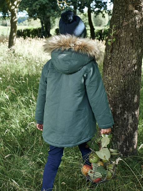 Parka à capuche doublée sherpa garçon garnissage polyester recyclé - vert  de gris, Garçon
