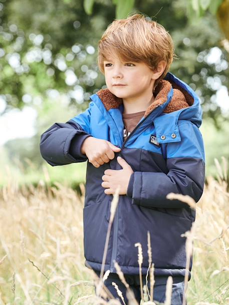 Technical Parka with Hood for Boys BLUE BRIGHT SOLID WITH DESIGN+BROWN MEDIUM SOLID WITH DESIGN - vertbaudet enfant 