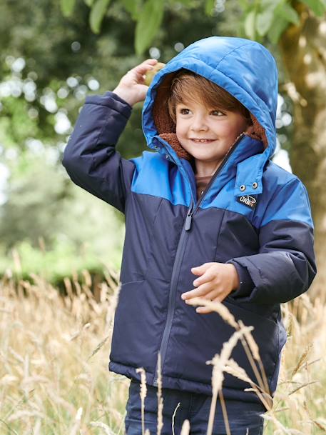 Technical Parka with Hood for Boys BLUE BRIGHT SOLID WITH DESIGN+BROWN MEDIUM SOLID WITH DESIGN - vertbaudet enfant 