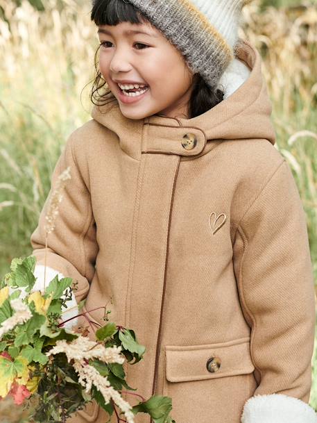 Manteau à capuche fille drap de laine doublé sherpa bordeaux+chamois+vert foncé - vertbaudet enfant 