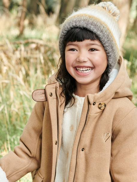 Woollen Coat with Hood & Sherpa Lining for Girls BEIGE MEDIUM SOLID WITH DECOR+GREEN DARK SOLID WITH DESIGN - vertbaudet enfant 
