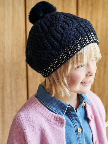Cable-Knit Beret for Girls BLUE DARK SOLID - vertbaudet enfant 
