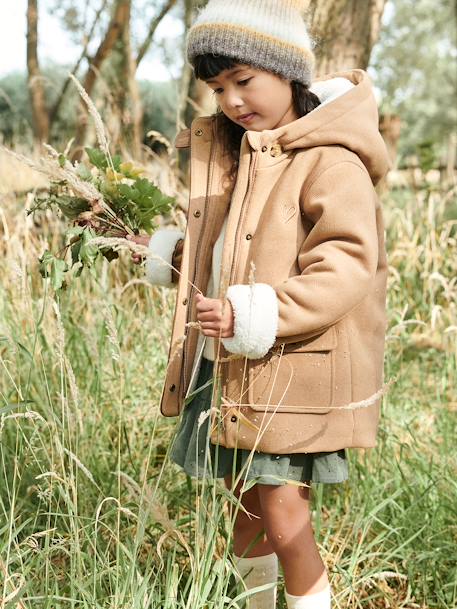 Manteau à capuche en drap de laine fille doublé sherpa chamois+vert foncé - vertbaudet enfant 