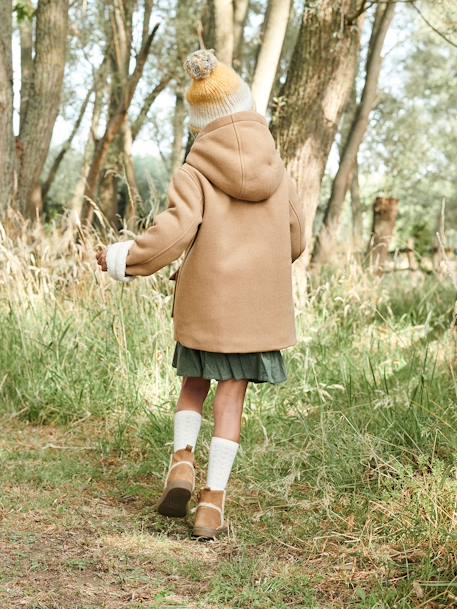 Manteau à capuche fille drap de laine doublé sherpa bordeaux+chamois+vert foncé - vertbaudet enfant 