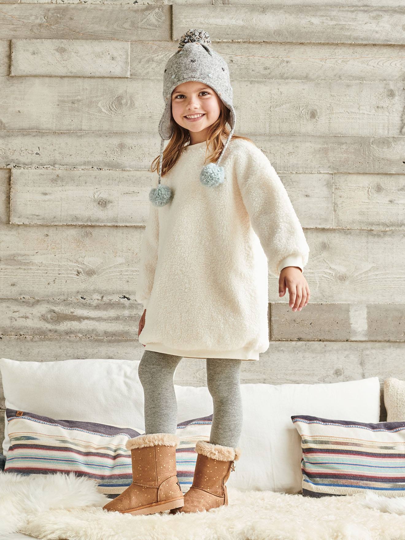 Vertbaudet Sweatshirt Dress in Sherpa with Iridescent Embroidery, for Girls Beige Light Solid