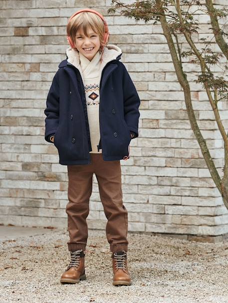 Peacoat with Hood & Sherpa Lining for Boys BLUE DARK SOLID WITH DESIGN - vertbaudet enfant 
