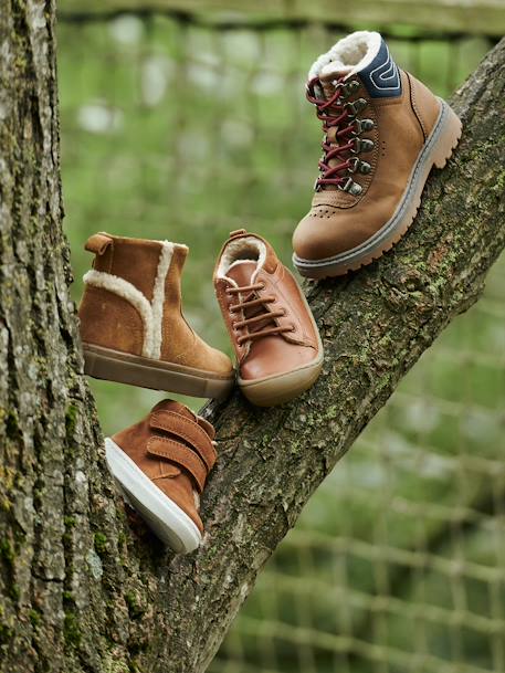 Soft Leather Ankle Boots with Laces & Faux Fur for Baby, Designed for Crawling Babies BROWN MEDIUM SOLID - vertbaudet enfant 