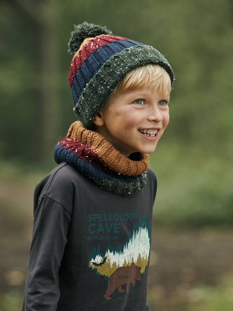 Knitted Beanie with Colourful Stripes for Boys GREEN DARK 2 COLOR/MULTICOLORR - vertbaudet enfant 