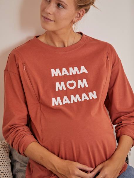 T-Shirt with Message, Maternity & Nursing BROWN MEDIUM SOLID WITH DESIGN - vertbaudet enfant 