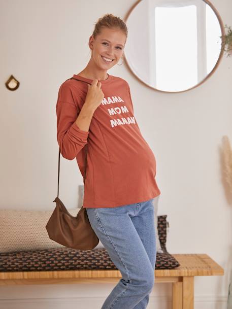T-Shirt with Message, Maternity & Nursing BROWN MEDIUM SOLID WITH DESIGN - vertbaudet enfant 