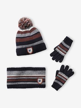 Boys-Striped Beanie + Snood + Gloves Set for Boys