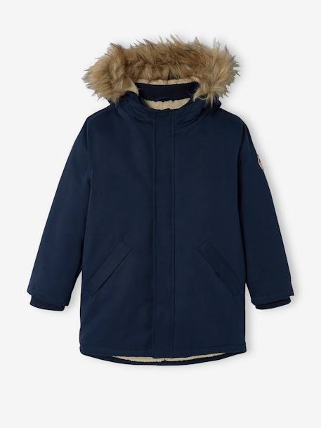 Hooded Parka with Sherpa Lining & Recycled Polyester Padding, for Boys BLUE DARK SOLID WITH DESIGN+BROWN DARK SOLID WITH DESIGN+GREEN MEDIUM SOLID WITH DESIG - vertbaudet enfant 