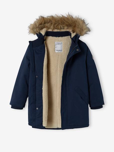 Hooded Parka with Sherpa Lining & Recycled Polyester Padding, for Boys BLUE DARK SOLID WITH DESIGN+BROWN DARK SOLID WITH DESIGN+GREEN MEDIUM SOLID WITH DESIG - vertbaudet enfant 