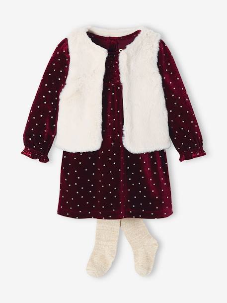 Ensemble: Velour Dress + Faux Fur Waistcoat + Tights for Babies bordeaux red - vertbaudet enfant 