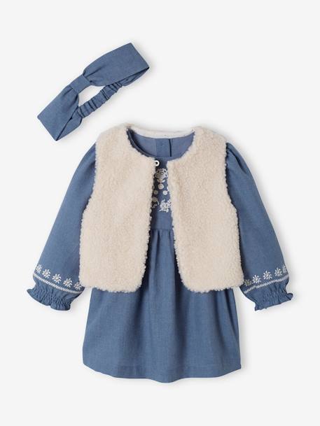 3-Piece Set, Dress + Waistcoat + Hairband for Baby Girls grey blue - vertbaudet enfant 