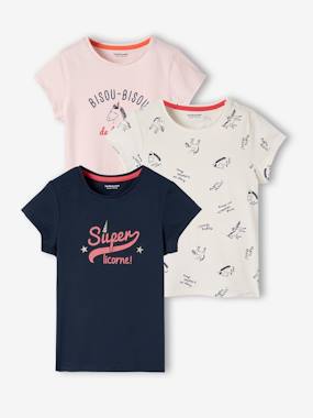 Vertbaudet Basics-Girls-Pack of 3 Assorted T-shirts, Iridescent Details for Girls