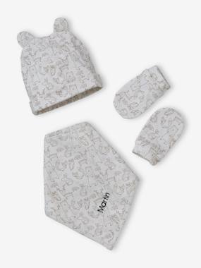 Baby-Accessories-Hats, scarves, gloves-Beanie + Mittens + Scarf + Pouch in Printed Jersey Knit, for Babies