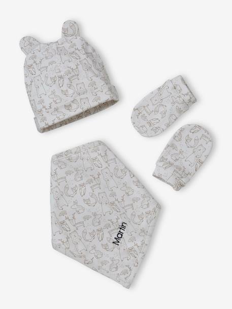 Beanie + Mittens + Scarf + Pouch in Printed Jersey Knit, for Babies taupe - vertbaudet enfant 