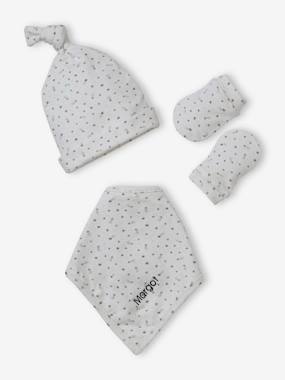 Baby-Accessories-Hats, scarves, gloves-Beanie + Mittens + Scarf + Pouch in Printed Jersey Knit, for Baby Girls