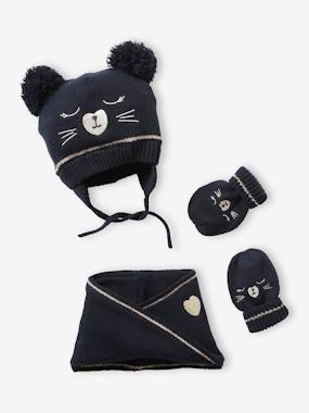Baby-Accessories-Hats, scarves, gloves-Jacquard Knit Beanie + Snood + Mittens Set for Baby Girls