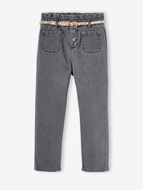 Paperbag-Style Jeans with Braided Belt for Girls GREY LIGHT WASCHED - vertbaudet enfant 