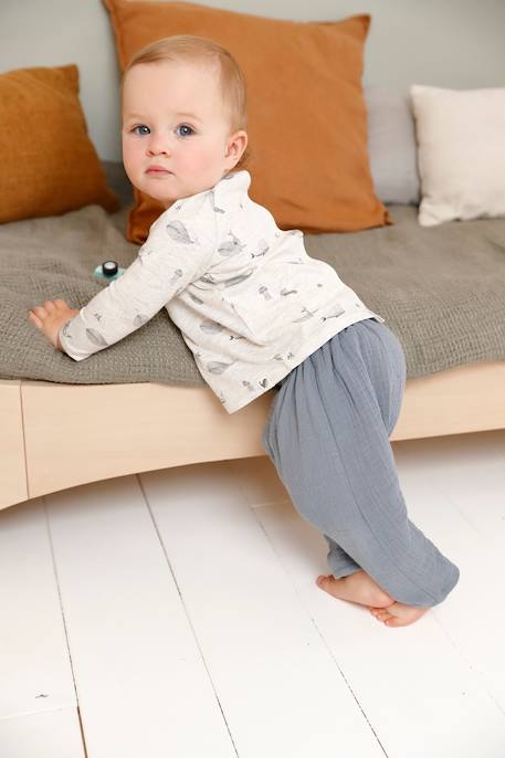 Cotton Gauze Trousers with Striped Lining for Newborn Babies BLUE DARK SOLID - vertbaudet enfant 