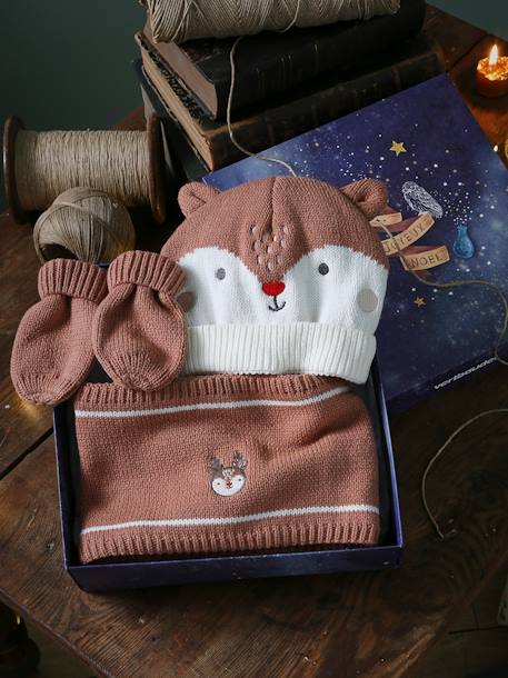 Christmas Reindeer Beanie + Snood + Mittens Set for Babies cinnamon - vertbaudet enfant 
