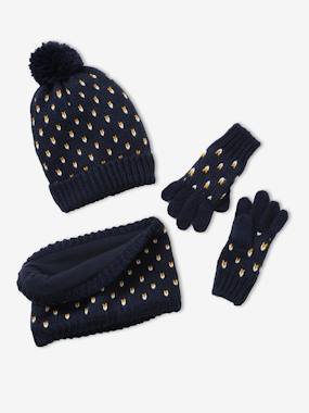 Girls-Accessories-Winter Hats, Scarves, Gloves & Mittens-Beanie + Snood + Gloves with Hearts Set for Girls