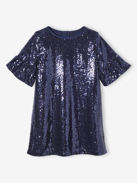 Sequinned Dress, Ruffle on the Sleeves, for Girls navy blue - vertbaudet enfant 