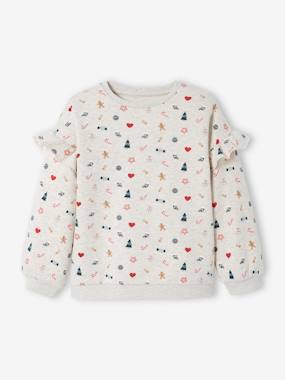 Girls-Cardigans, Jumpers & Sweatshirts-Christmas Sweatshirt with Ruffles on the Sleeves, for Girls
