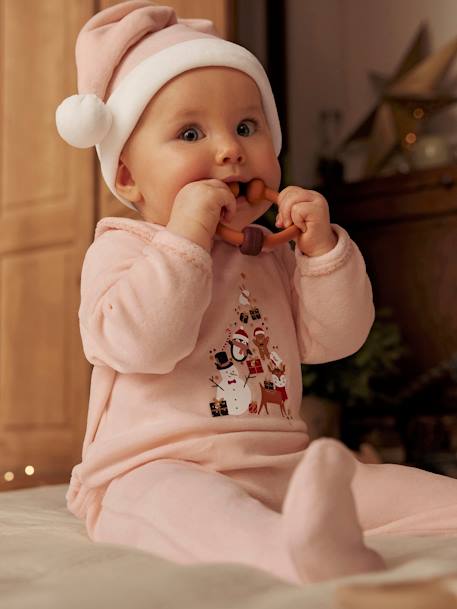 Christmas Sleepsuit & Hat in Velour for Baby Girls - pale pink, Baby