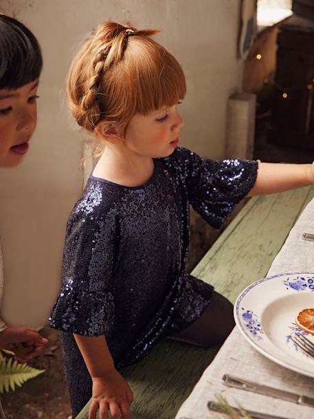 Sequinned Dress, Ruffle on the Sleeves, for Girls navy blue - vertbaudet enfant 