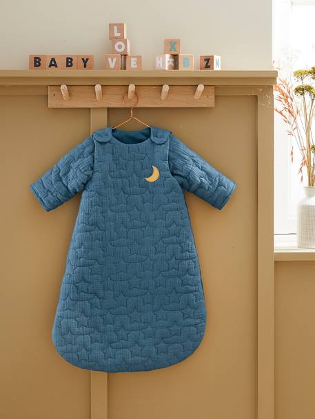 Quilted Baby Sleep Bag with Removable Sleeves in Organic Cotton* Gauze, Dream Nights caramel+Dark Blue+ecru - vertbaudet enfant 