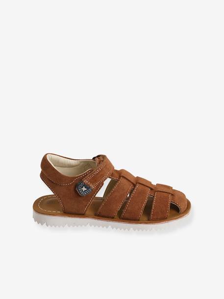 Leather Sandals with Touch Fastening Strap, for Baby Boys camel+GREEN DARK SOLID - vertbaudet enfant 