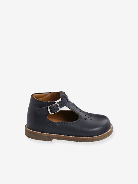 Leather T-Strap Shoes for Babies blue - vertbaudet enfant 