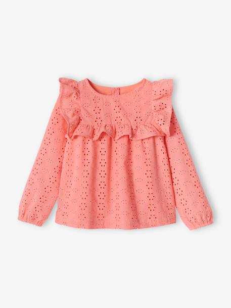 Blouse with Ruffles in Broderie Anglaise, for Girls - coral, Girls