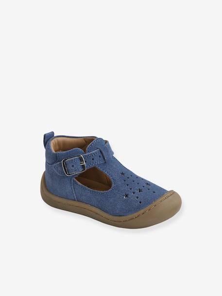 Soft Leather Pram Shoes for Babies, Designed for Crawling denim blue - vertbaudet enfant 