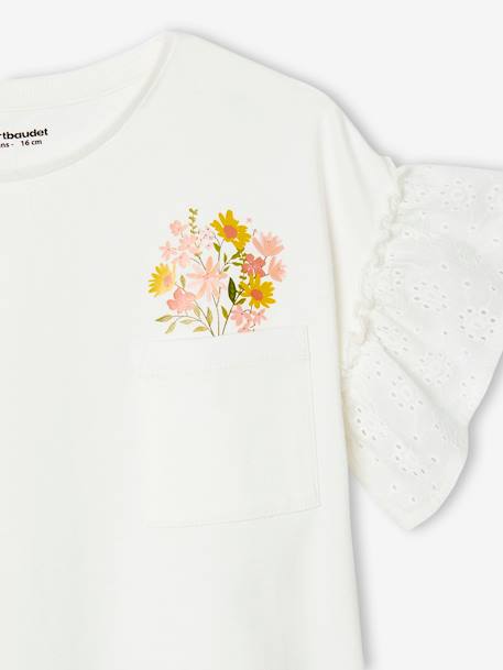 T-Shirt with Ruffled Sleeves in Broderie Anglaise for Girls ecru+peach - vertbaudet enfant 